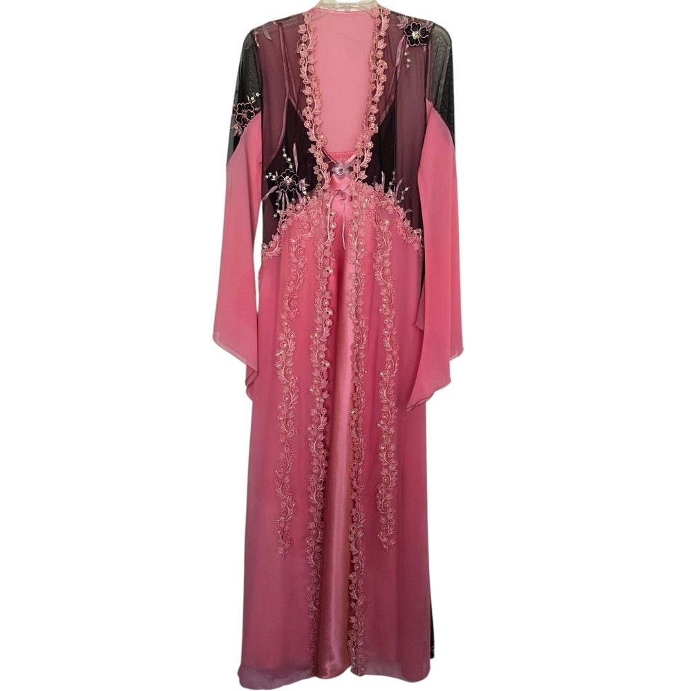 Vintage Elegant Pink Black Satin Chiffon Embroidered Long Nightgown And Robe
